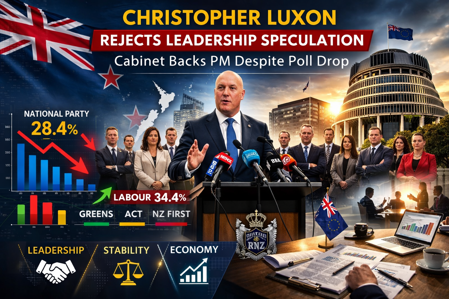 Luxon Dismisses Leadership Speculation After Poll Drop, Says Cabinet Fully Backs Him